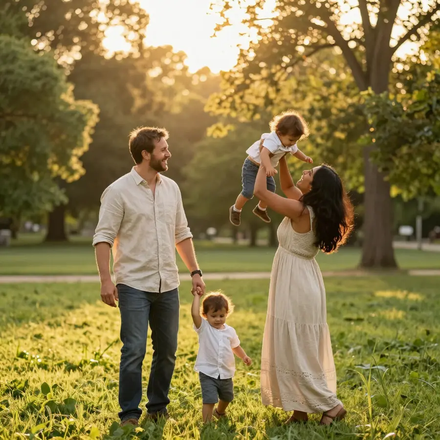 A young family outdoors in the evening sun